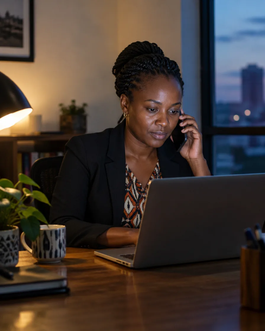 A business owner on the phone, checking her website on a laptop
