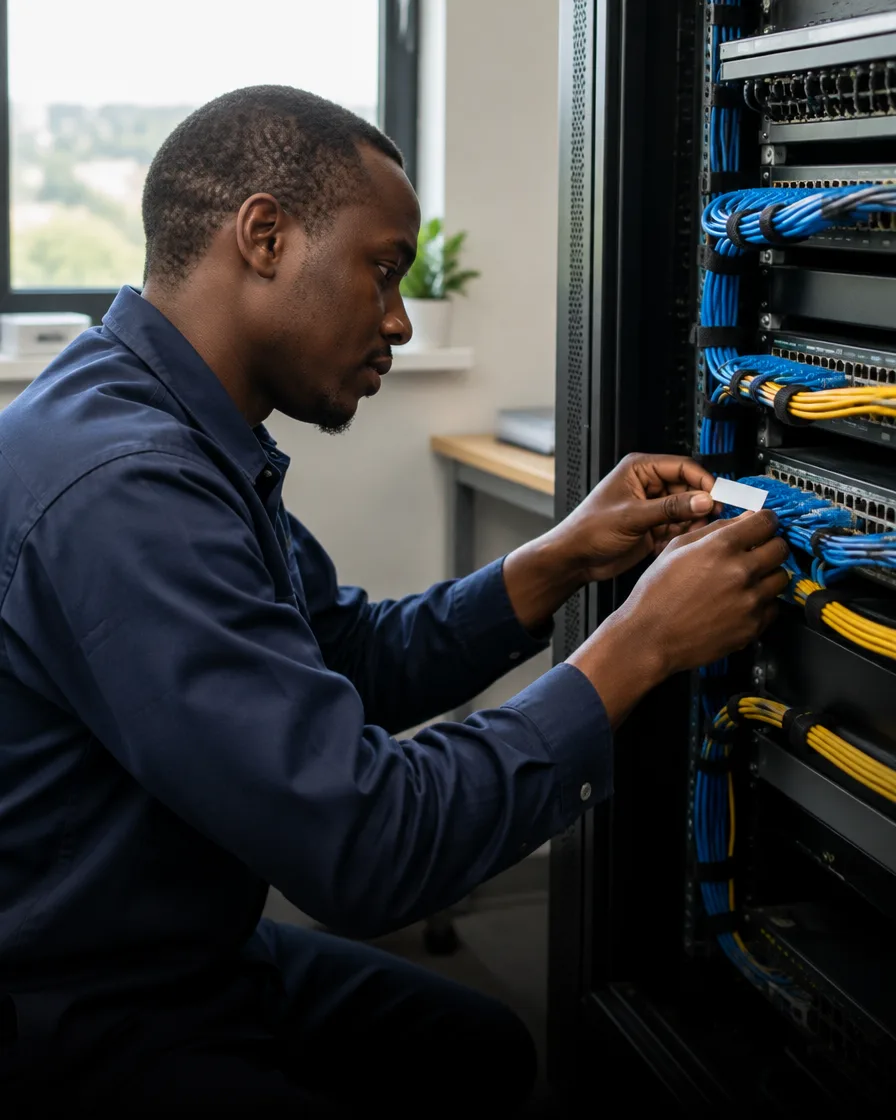 A technician labelling network cables in a small server cabinet