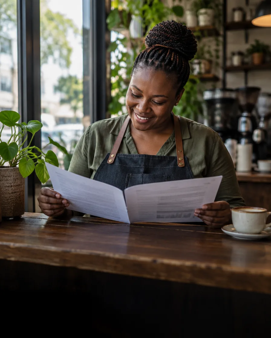 A cafe owner reading a printed report at her counter