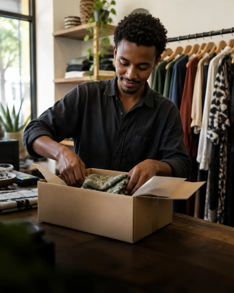 A boutique owner packing a customer order into a box at his shop counter