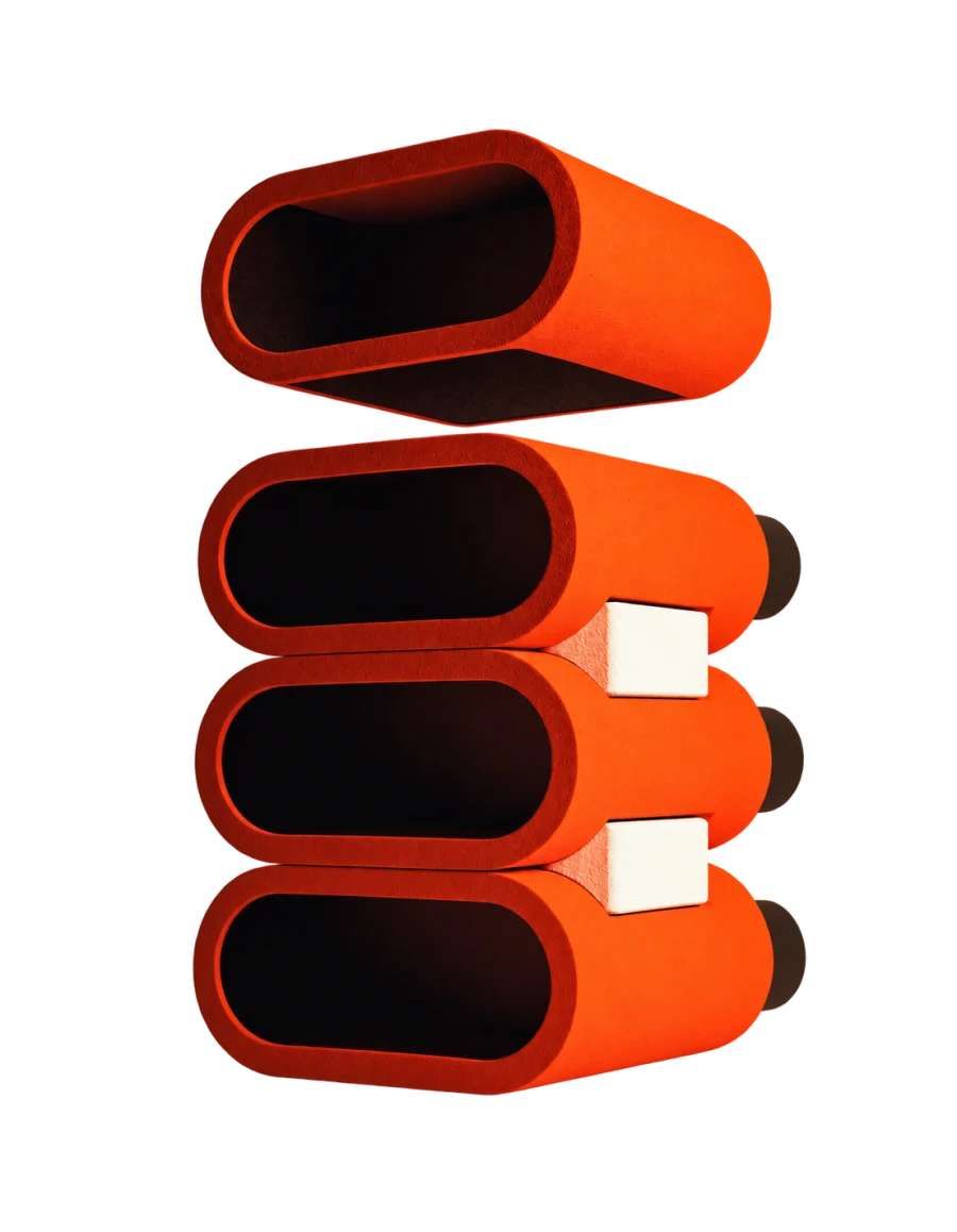 Sculptural orange modules showing a staged update