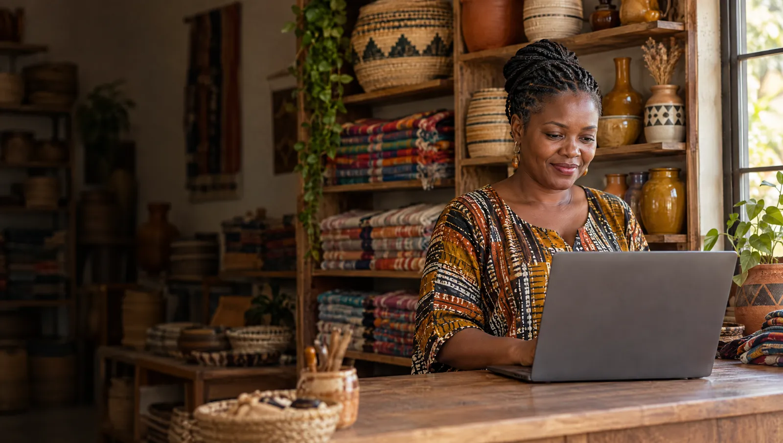 A shop owner checking her website on a laptop at the counter