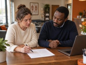 A business owner and specialist reviewing a printed report together