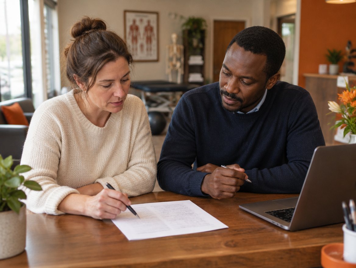 A clinic owner and a marketing specialist review a printed one-page report together