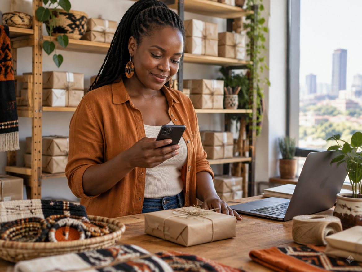 A shop owner in Nairobi checking an order on her phone at her packing table