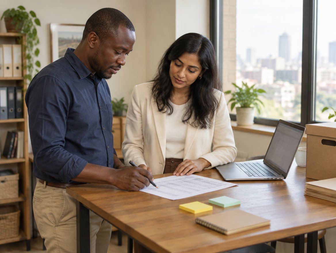 Two colleagues at a desk tick off items on a printed inventory together