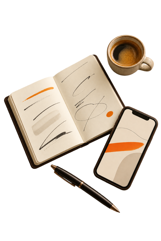 Illustrative website-review workspace with a notebook, phone and coffee