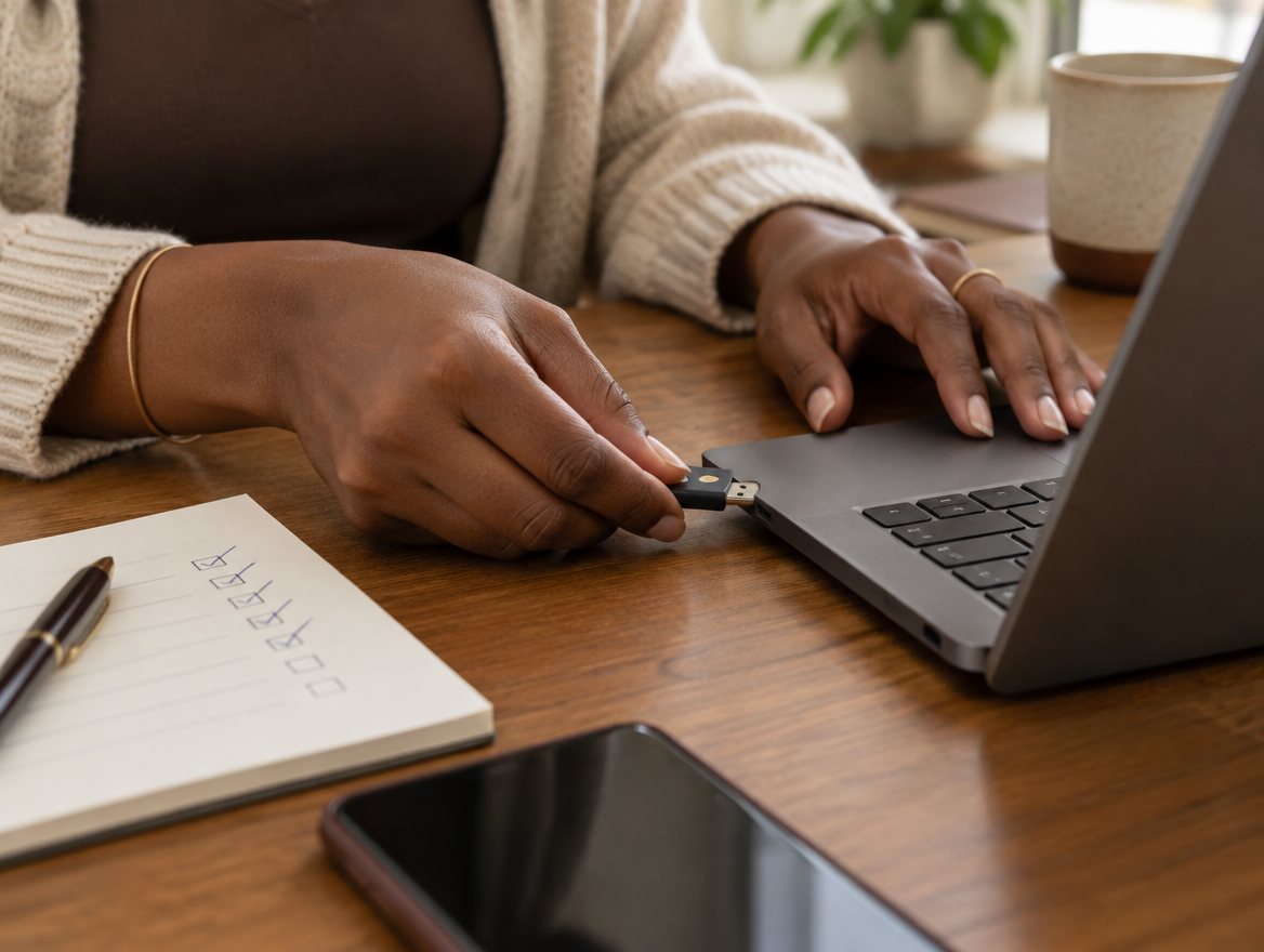 Hands inserting a hardware security key into a laptop, beside a notebook checklist with most items ticked