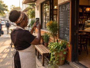 A business owner photographing her shopfront for its business listing