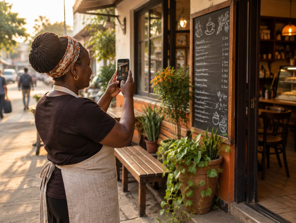 A cafe owner in Nairobi photographs her shopfront with her phone for her Google Business Profile