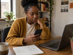 A developer testing a website on a phone beside a laptop