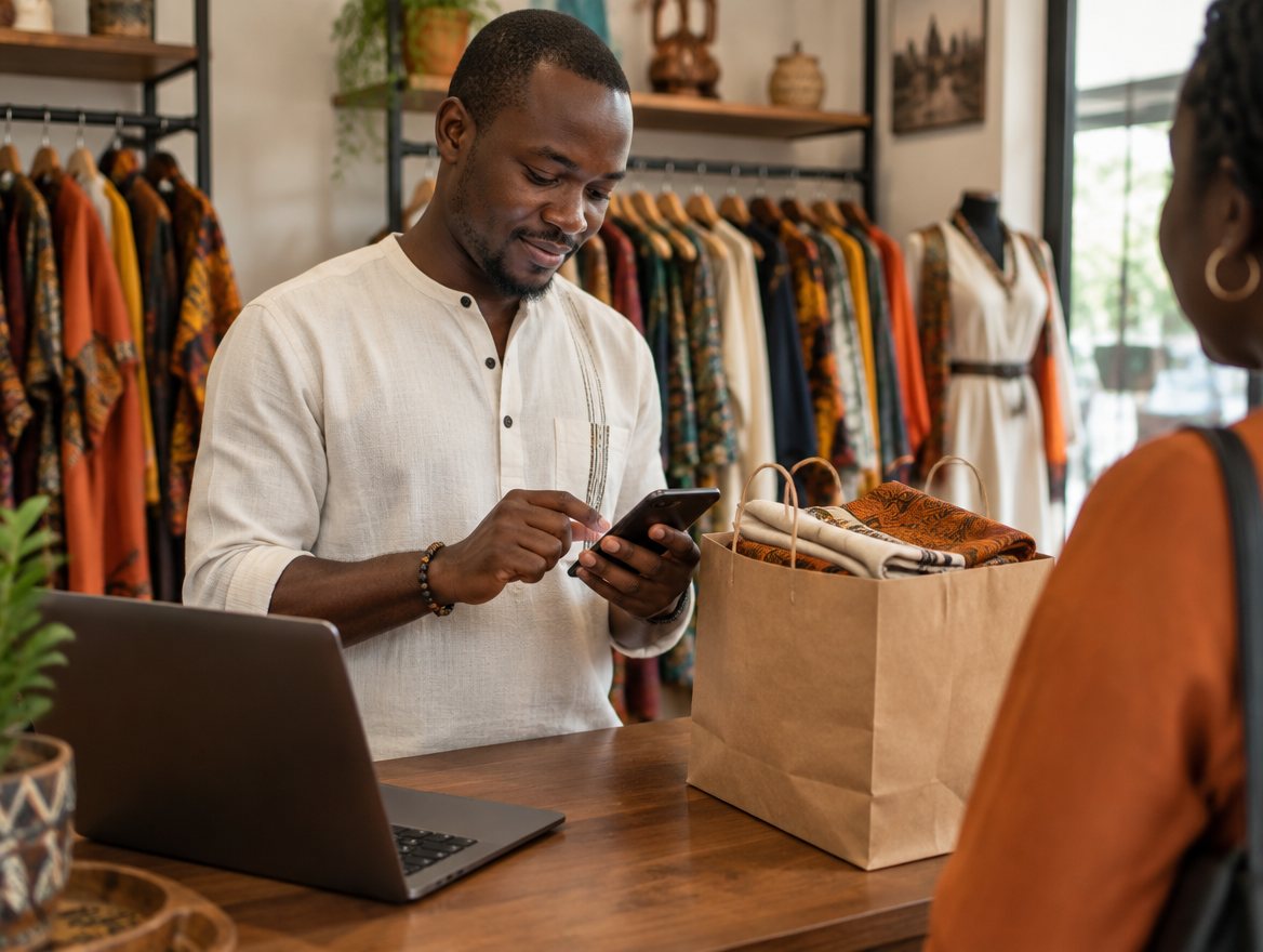 A boutique owner in Nairobi confirms a mobile-money payment on her phone at the shop counter